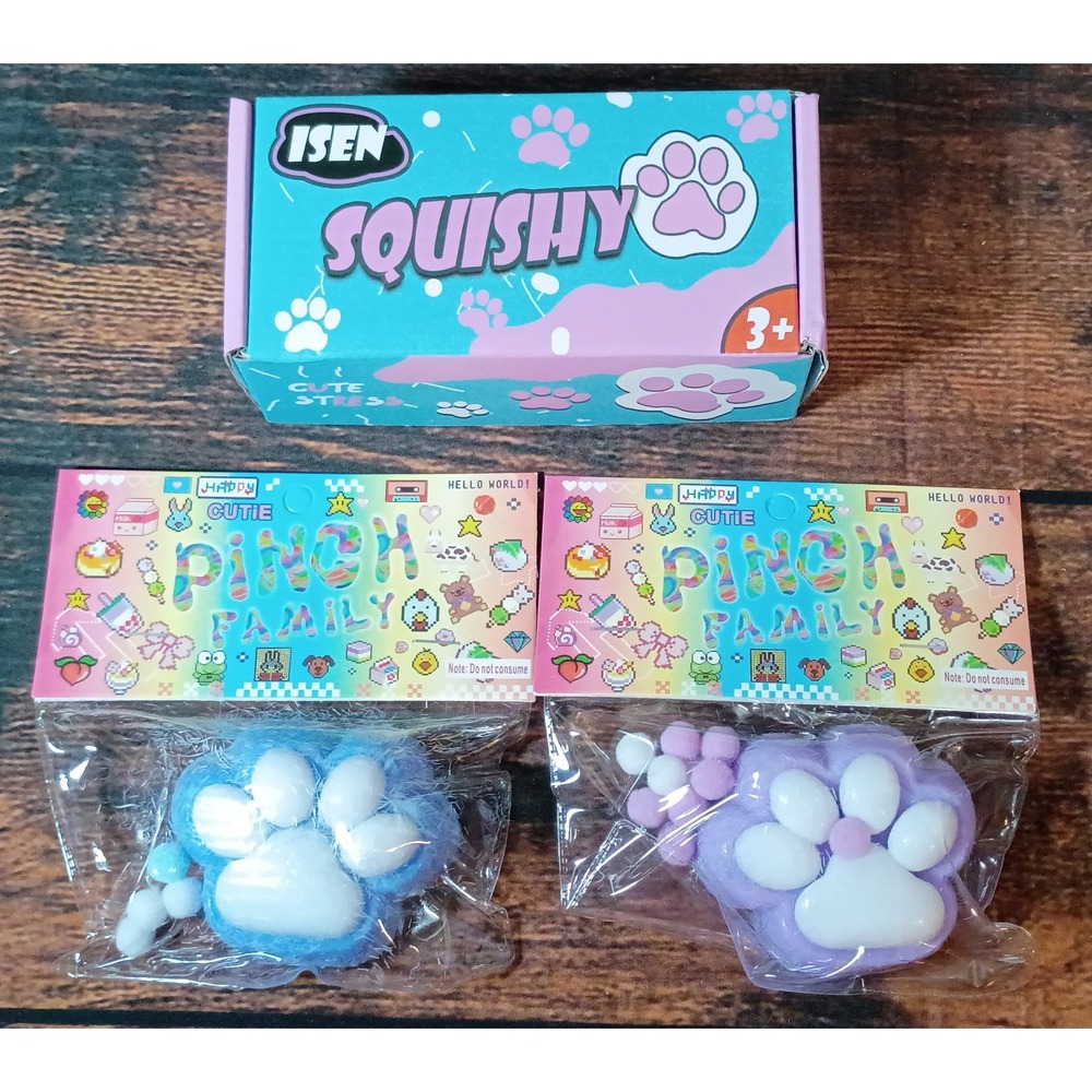 ISEN Cutie Pinch Family Cat Paw Squishy Stress Relief Toy 2-Pc Set Blue Purple